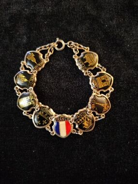 Vtg. 1930's Paris France, Enameled Souvenir Shield Bracelet